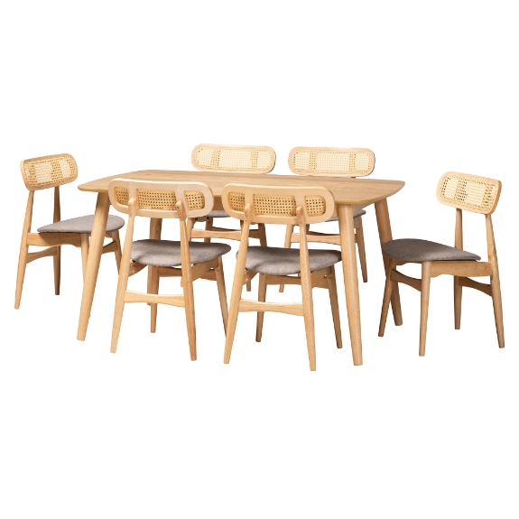 Baxton Studio Tarana Mid-Century Modern Grey Fabric and Natural Oak Finished Wood 7-Piece Dining Set