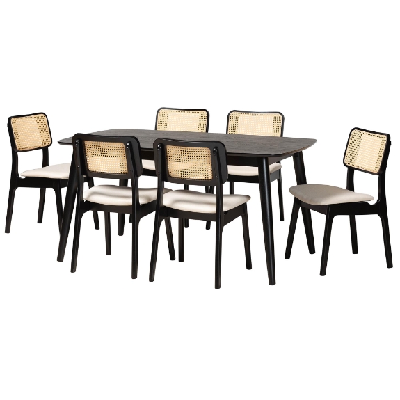 Baxton Studio Dannon Mid-Century Modern Cream Fabric and Black Finished Wood 7-Piece Dining Set