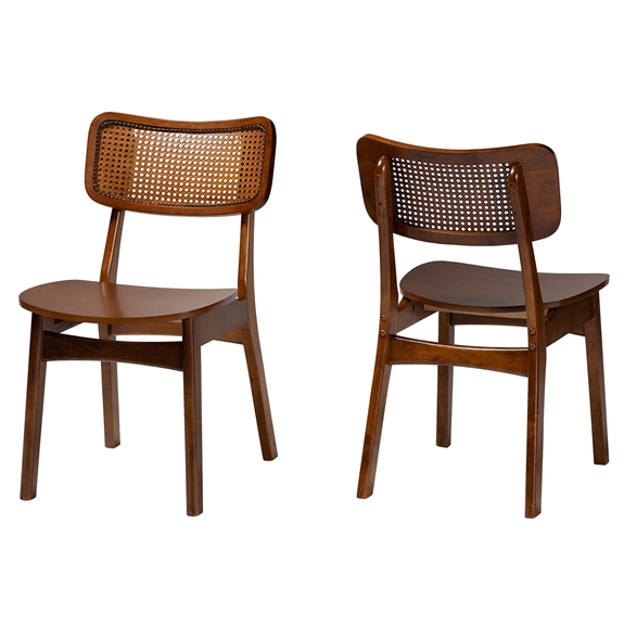 Baxton Studio Tafari Mid-Century Modern Walnut Brown Finished Wood and Rattan 2-Piece Dining Chair Set