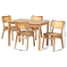 Baxton Studio Dulcet Mid-Century Modern Oak Brown Finished Wood and Rattan 5-Piece Dining Set - RH257C-Natural Rattan-Rectangle-5PC Dining Set