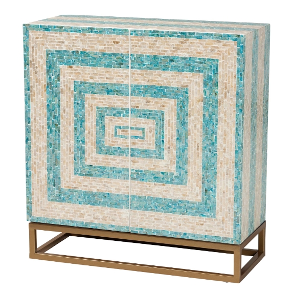 Baxton Studio Utari Modern Bohemian Two-Tone Beige and Blue Mother of Pearl and Gold Metal Storage Cabinet