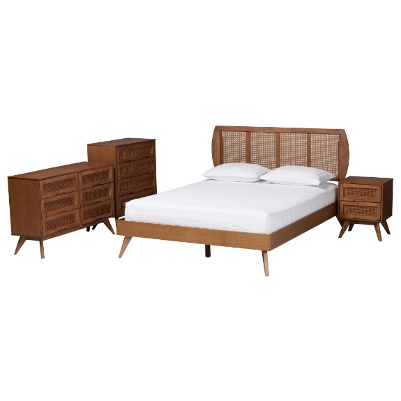 Baxton Studio Asami Mid-Century Modern Walnut Brown Finished Wood and Woven Rattan Full Size 4-Piece Bedroom Set