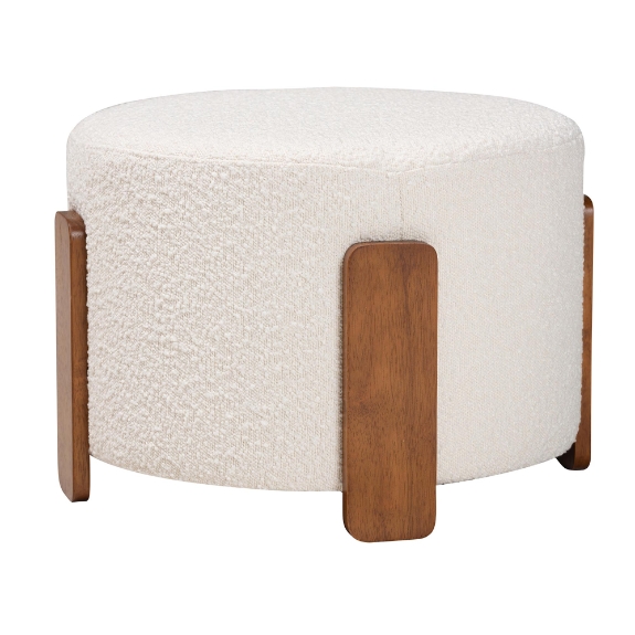 Baxton Studio Finlay Modern Japandi Cream Boucle Fabric and Walnut Brown Finished Wood Ottoman Footstool