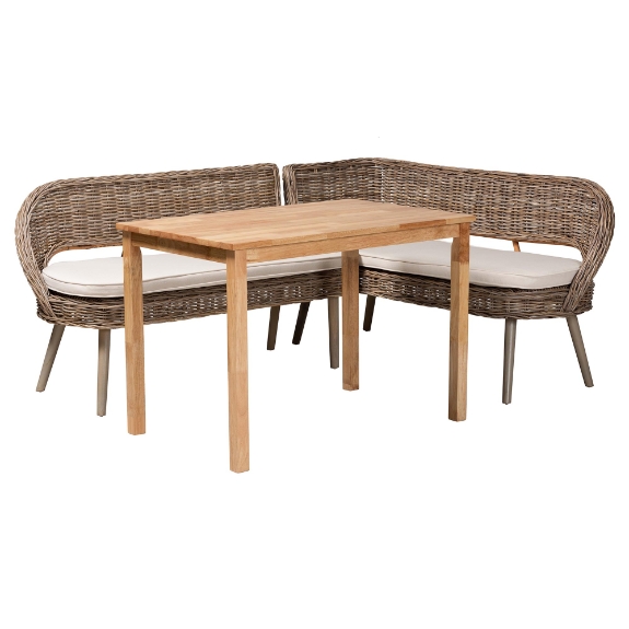 Baxton Studio Raisa Modern Bohemian Greywashed Seagrass Bench and Wood Table 3-Piece Dining Nook Set