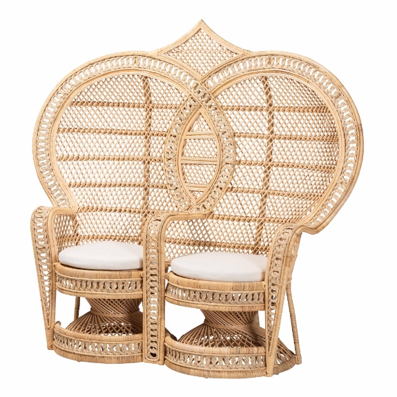 bali & pari Nerita Modern Bohemian Natural Brown Rattan Two-Seater Peacock Chair