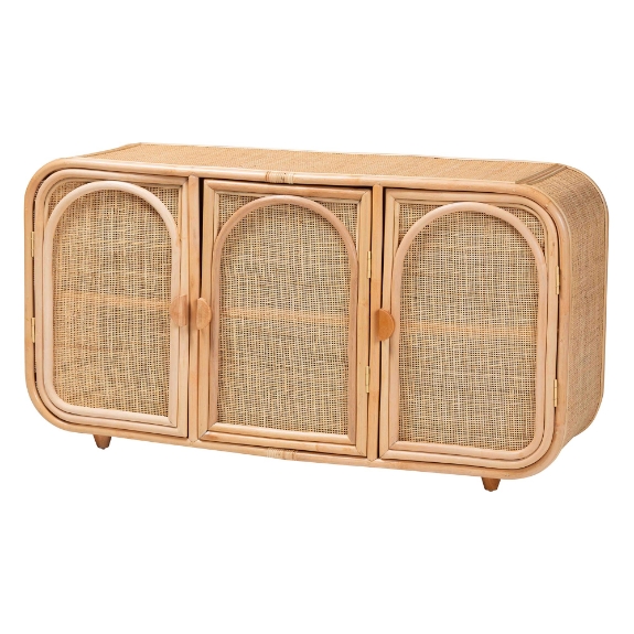 bali & pari Evania Bohemian Natural Rattan 3-Door Storage Cabinet