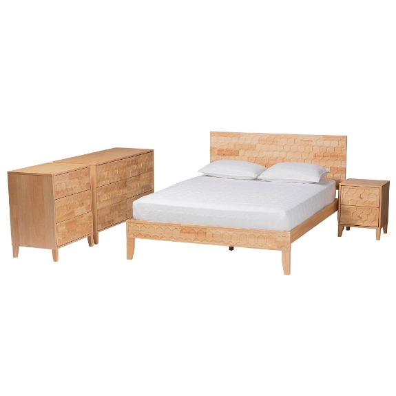 Baxton Studio Hosea Japandi Carved Honeycomb Natural King Size 4-Piece Bedroom Set
