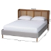 Baxton Studio Harrell Mid-Century Modern Grey Velvet and Woven Rattan Wood Queen Size Bed - BBT61161-Light Grey/Walnut-Queen