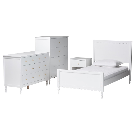 Baxton Studio Roni Modern White Wood 4-Piece Twin Bedroom Set with Scalloped Edges