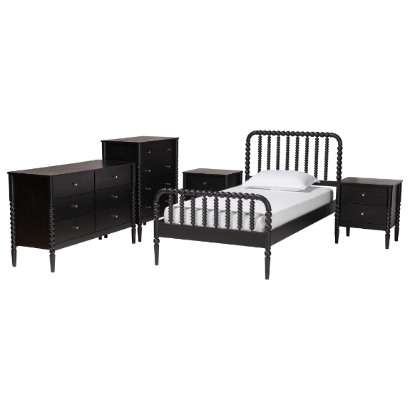 Baxton Studio Lucera Mid-Century Black Twin Size 5-Piece Bobbin Bedroom Set
