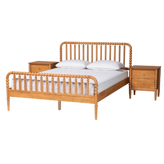 Baxton Studio Lucera Mid-Century Oak Brown Queen Size 3-Piece Bobbin Bedroom Set