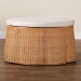 bali & pari Palm Scallop Natural Rattan Ottoman with Cushion - Handwoven Wicker Accent Stool or Footrest for Living Room, Bedroom, or Sunroom, Coastal Boho Style, 32" Round - Palm-Light Honey Rattan-90cm Round Ottoman w/Cushion