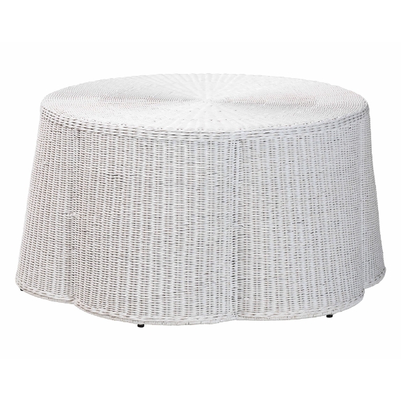 bali & pari Palm Scalloped Rattan Coffee Table - Handwoven Wicker Round Accent Table for Living Room Patio or Sunroom, Coastal Boho Style, White