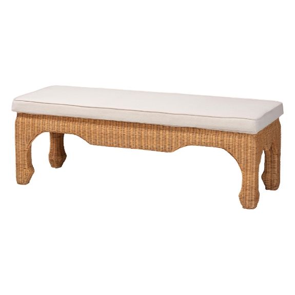bali & pari Abena Ming Style Natural Rattan Bench with Cushion - Boho Chic Accent Seating for Entryway, Bedroom, or Living Room