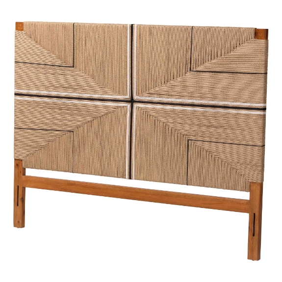 bali & pari Prita Paper Loom Headboard with Mahogany Wood Frame, Handwoven Bed Backrest Panel with Geometric Design, Boho Rustic Bedroom Accent, King Size