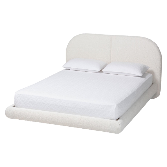 Baxton Studio Cachet Floating Platform Bed with Rounded Headboard - Low Profile Minimalist Boucle Upholstered Bed Frame, Cream, King