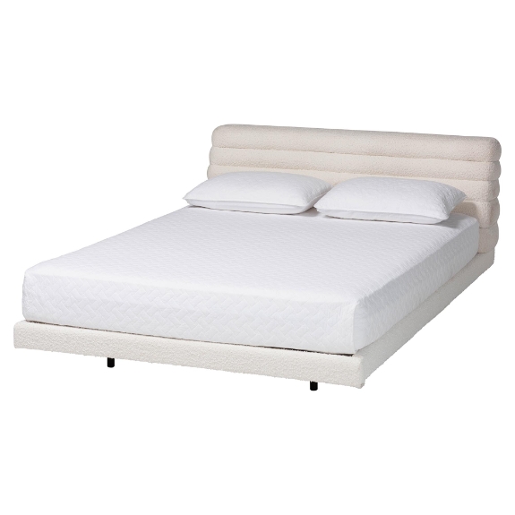 Baxton Studio Alfie Boucle Floating Bed with Channel Tufted Headboard - Low Profile Minimalist Platform Bed Frame, Cream, Queen