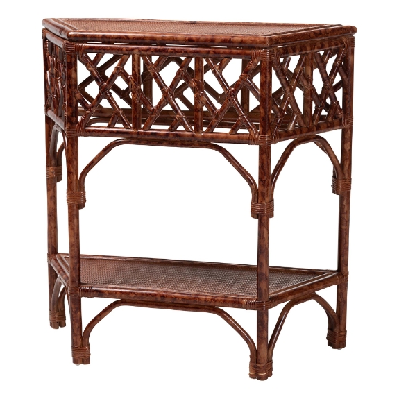 bali & pari Gaspar Marbled Tortoise Natural Rattan Console Table - Handcrafted Accent Table with Chippendale Design, Coastal Tropical Style for Entryway, Hallway, or Living Room