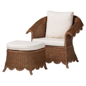 bali & pari Detta Natural Rattan Armchair and Ottoman Set - 2-Piece Handwoven Wicker Lounge Seating with Scalloped Skirt Base and Rolled Arms, Boho Coastal Style for Sunroom or Living Room Baxton Studio restaurant furniture, hotel furniture, commercial furniture, wholesale living room furniture, wholesale chair and ottoman, classic chair and ottoman