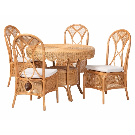 bali & pari Tony 5-Piece Natural Rattan Dining Set with Round Scalloped Edge Table and 4 Chairs, Handwoven Wicker Dining Furniture with Cushioned Seats, Boho Coastal Kitchen or Dining Room Set