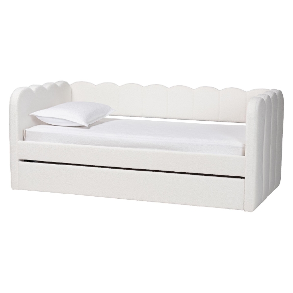 Baxton Studio Palmer Cream Teddy-Bear Fabric Daybed with Rolling Trundle - Scalloped Edge Daybed with Plush Upholstery, Modern Sofa Bed for Bedroom or Guest Room, Twin