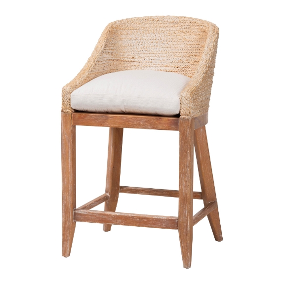 bali & pari Jasper Seagrass Counter Stool with Mahogany Wood Frame - Coastal Seating with Woven Wingback and Cushioned Seat for Kitchen Island or Breakfast Bar, Whitewash