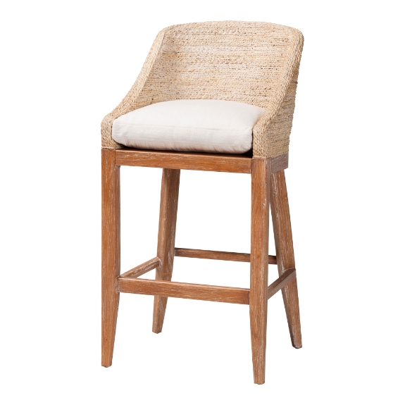 bali & pari Jasper Seagrass Bar Stool with Mahogany Wood Frame - Coastal Seating with Woven Wingback and Cushioned Seat for Bar Island or Lounge, Whitewash
