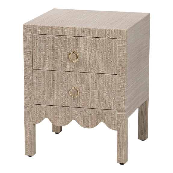 bali & pari Juniper Grasscloth Nightstand with Scalloped Base - Woven Texture 2-Drawer Bedside Table with Gold Ring Pulls, Accent Bedroom Storage Furniture