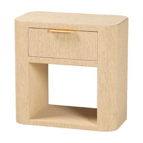 bali & pari Beauford Grasscloth 1-Drawer Nightstand with Open Shelf - Woven Texture Bedside Table with Rounded Corners and Gold Handle, Modern Coastal Accent Table for Bedroom or Living Room