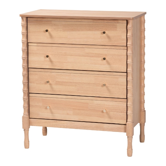 Baxton Studio Laurent Chest - 4-Drawer Bedroom Organizer with Bamboo-Style Turned Legs, Cottage Farmhouse Storage Cabinet for Clothing or Linens