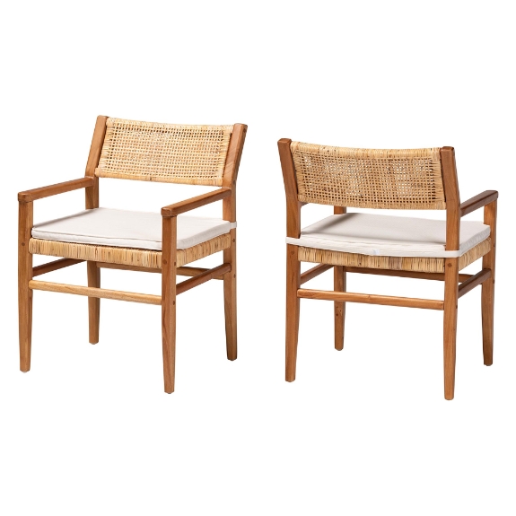 bali & pari Chatura Natural Rattan and Mahogany Wood 2-Piece Dining Armchair Set - Handwoven Wicker Dining Chair with Angled Back, Coastal Boho Seating for Dining or Kitchen