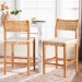bali & pari Chatura Natural Rattan and Mahogany Wood 2-Piece Counter Stool Set - Handwoven Wicker Stool with Angled Back, Coastal Boho Seating for Kitchen Island, Counter Height - Chao-Natural/Mahogany-CS-Cushion-KD-Box