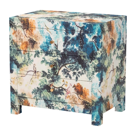 Baxton Studio Adeline End Table with Printed Nature Motif - 3-Drawer Storage Cabinet with Gold Knobs