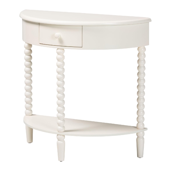 Baxton Studio Raynera Bobbin-Leg Demilune Console Table - Half-Moon Accent Table with 1 Drawer and Open Shelf, Cottage Farmhouse Entryway or Living Room Furniture