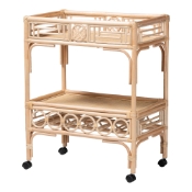 bali & pari Molina Natural Rattan Wine Cart - 2-Tier Beverage Trolley with Wheel and Bottle Holders, Tropical Coastal Style Furniture