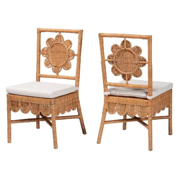 bali & pari Abagale Natural Rattan 2-Piece Dining Chair Set - Handwoven Wicker Accent Side Chair with Floral Back and Removable Cushion, Artisanal Seating for Kitchen or Dining Room