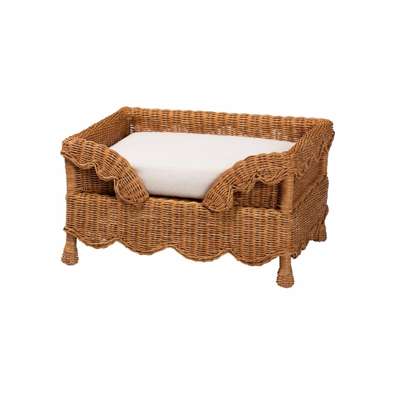 bali & pari Papina Natural Rattan Pet Bed with Scalloped Sides - Handwoven Wicker Enclosed Lounge Bed for Dogs and Cats with Removable Cushion, 25.6"