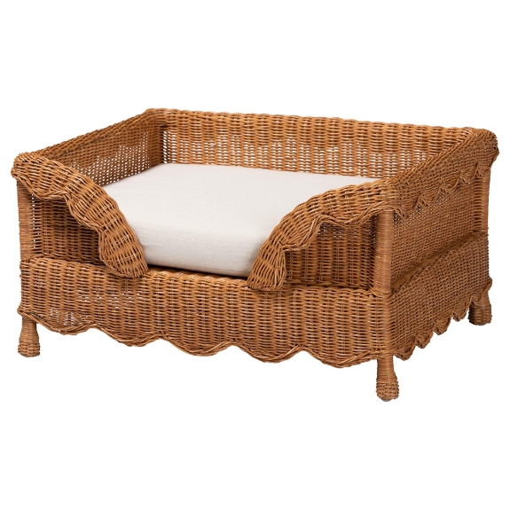 bali & pari Papina Natural Rattan Pet Bed with Scalloped Sides - Handwoven Wicker Enclosed Lounge Bed for Dogs and Cats with Removable Cushion, 31.5"
