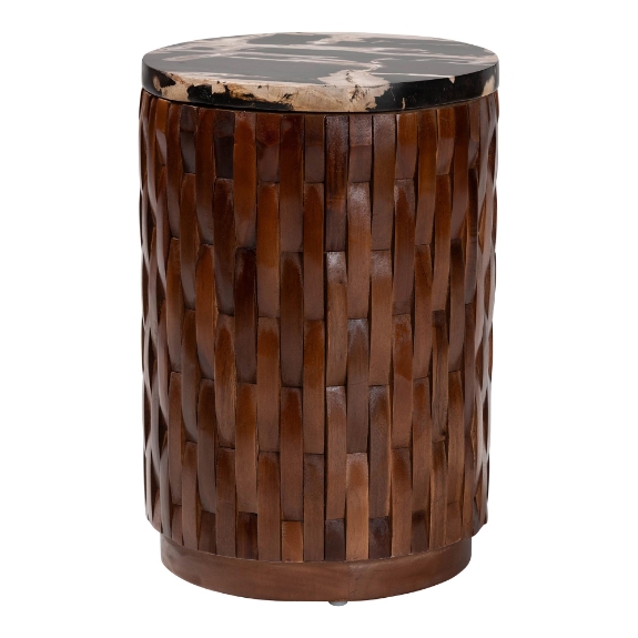 bali & pari Lavanya End Table with Petrified Wood Top - Drum Accent Side Table with Recycled Teak Wood Frame for Living Room or Entryway