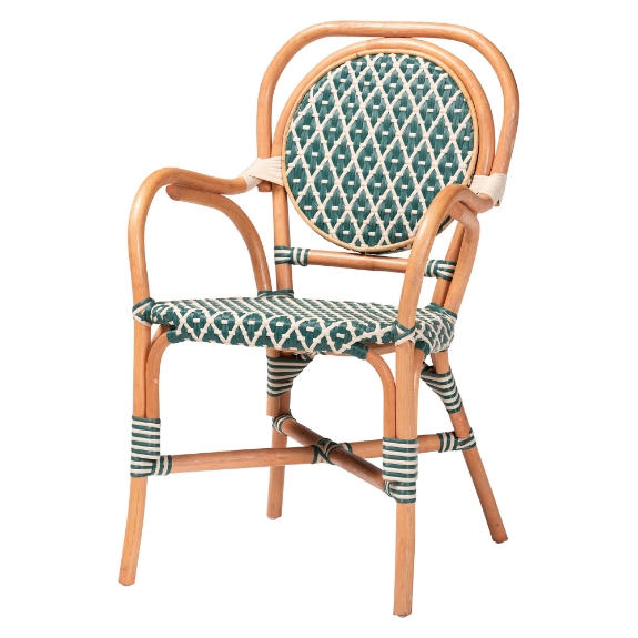 bali & pari Mattie Rattan Bistro Chair - Handwoven Cafe-Style Dining Chair with Curved Arms for Kitchen Island or Indoor/Outdoor Lounge, Green