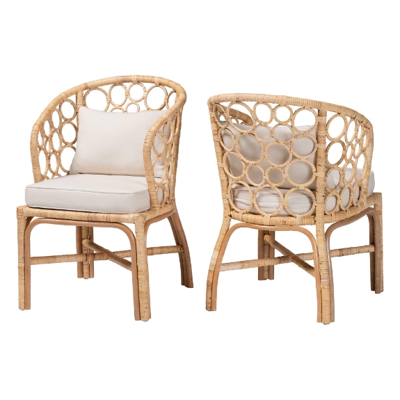 bali & pari Prisca Natural Rattan 2-Piece Dining Chair Set with Bubble Frame - Handwoven Wicker Accent Chair with Round Back and Removable Cushions for Kitchen or Dining Room