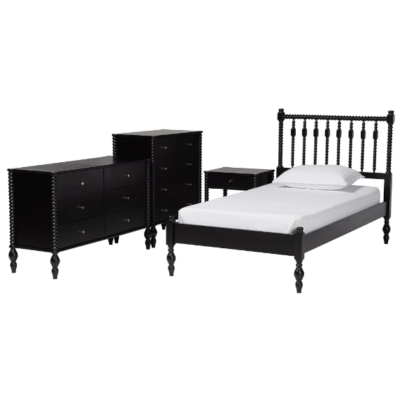 Baxton Studio Denita Spindle 4-Piece Bedroom Set - Farmhouse Platform Bed with Matching Dresser, Chest, and 1-Drawer Nightstand, Black, Twin