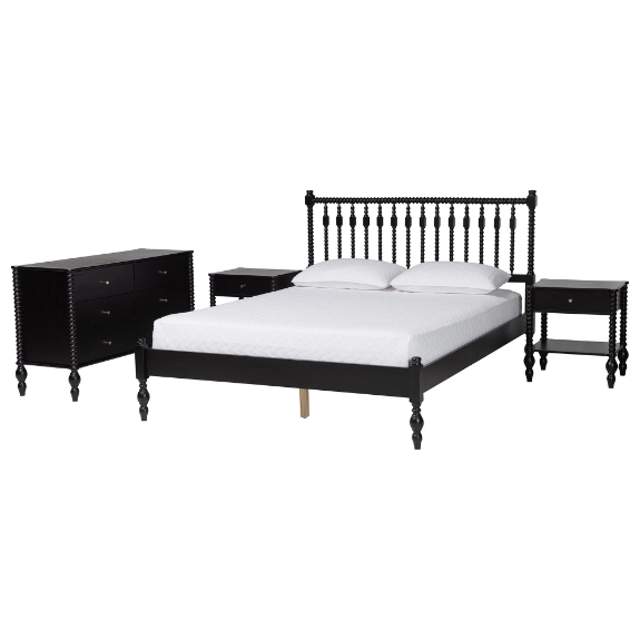 Baxton Studio Denita Spindle 4-Piece Bedroom Set - Farmhouse Platform Bed with Matching Dresser and 1-Drawer Nightstands, Black, Full