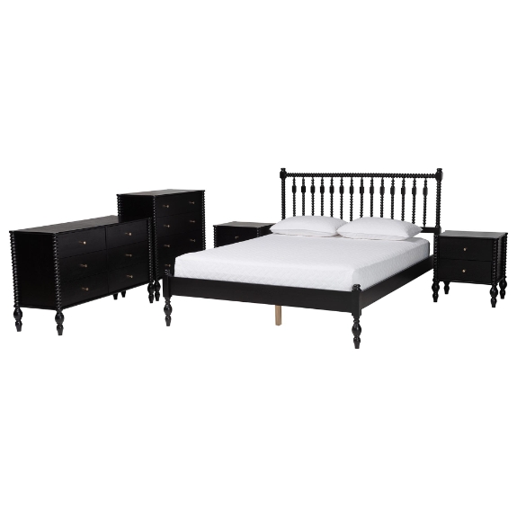 Baxton Studio Callison Spindle 5-Piece Bedroom Set - Farmhouse Platform Bed with Matching Dresser, Chest, and 2-Drawer Nightstands, Black, Full