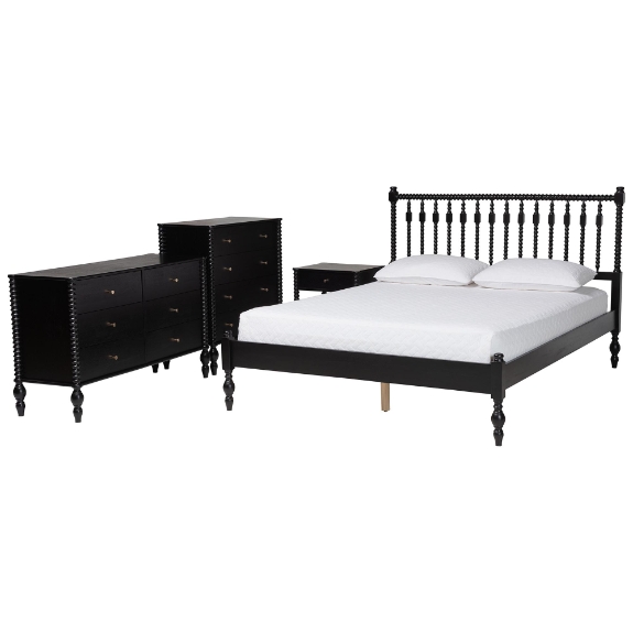 Baxton Studio Denita Spindle 4-Piece Bedroom Set - Farmhouse Platform Bed with Matching Dresser, Chest, and 1-Drawer Nightstand, Black, Full