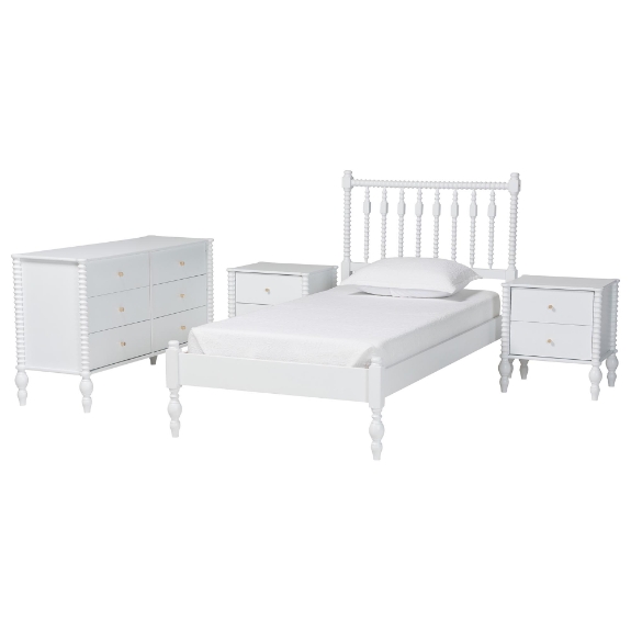 Baxton Studio Callison Spindle 4-Piece Bedroom Set - Farmhouse Platform Bed with Matching Dresser and 2-Drawer Nightstands, White, Twin
