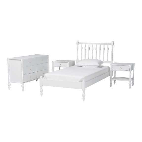 Baxton Studio Denita Spindle 4-Piece Bedroom Set - Farmhouse Platform Bed with Matching Dresser and 1-Drawer Nightstands, White, Twin
