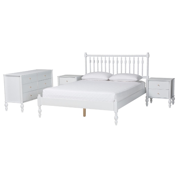 Baxton Studio Callison Spindle 4-Piece Bedroom Set - Farmhouse Platform Bed with Matching Dresser and 2-Drawer Nightstands, White, Full