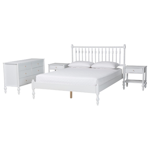 Baxton Studio Denita Spindle 4-Piece Bedroom Set - Farmhouse Platform Bed with Matching Dresser and 1-Drawer Nightstands, White, Full