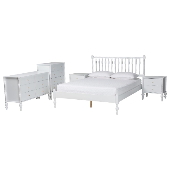 Baxton Studio Callison Spindle 5-Piece Bedroom Set - Farmhouse Platform Bed with Matching Dresser, Chest, and 2-Drawer Nightstands, White, Full